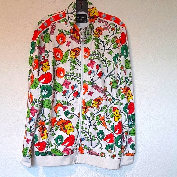 PINK+DOLPHIN white and Green Floral Zip Up Jacket with Bold Print